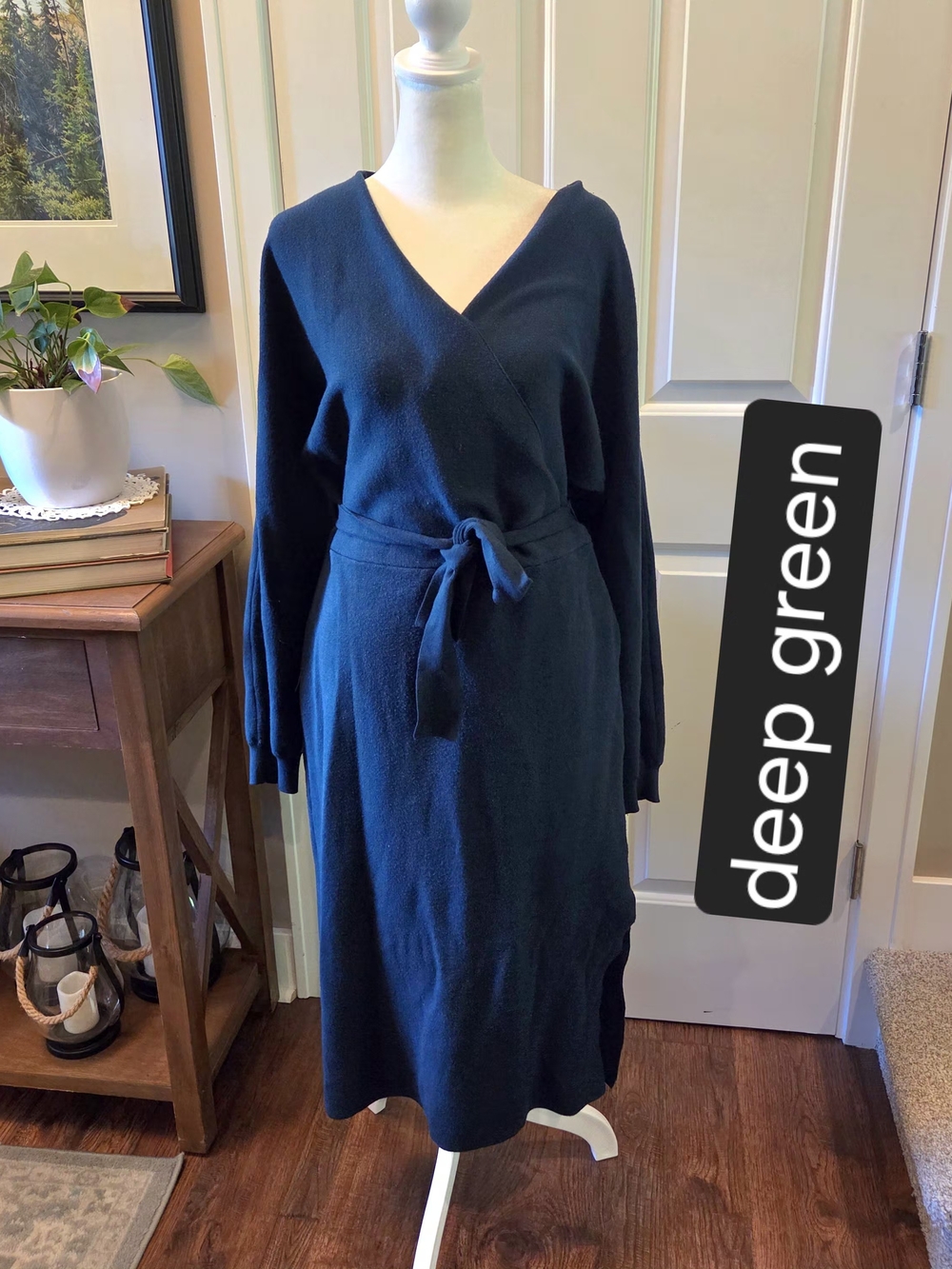 Nicole Miller Deep Green Faux Wrap Midi Sweater Dress with Tie Waist
